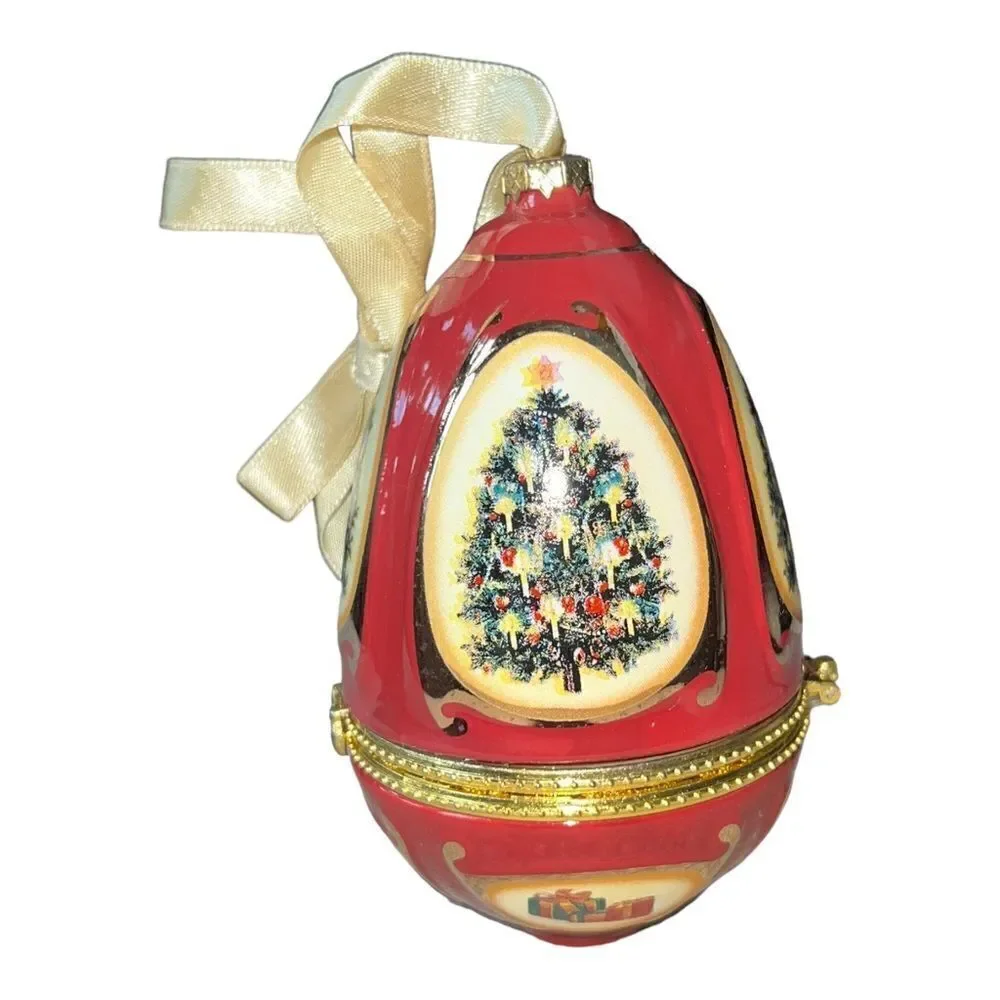 Valerie Parr Hill Christmas Egg Music Trinket Box Ornament Red Tree EUC